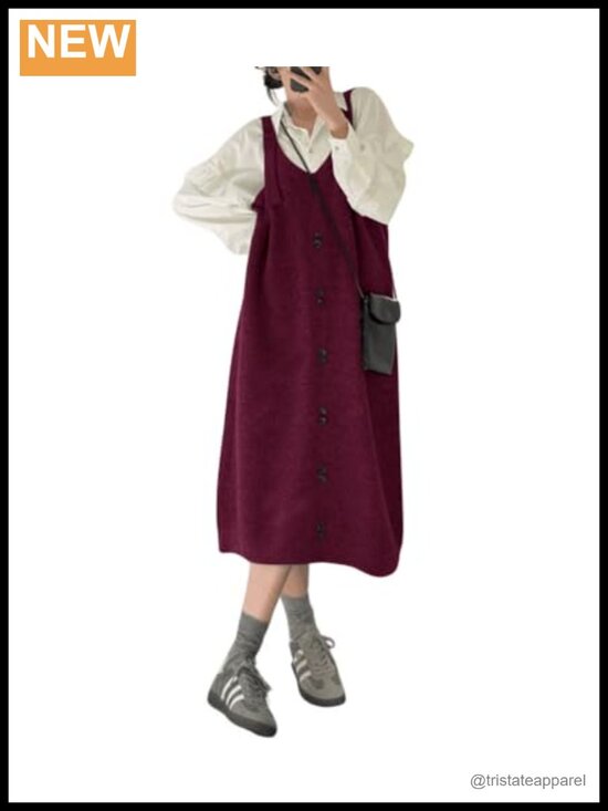 Dresses & Skirts - Knit Overall Dress Button Loose Sleeveless Sweater Jumper Midi